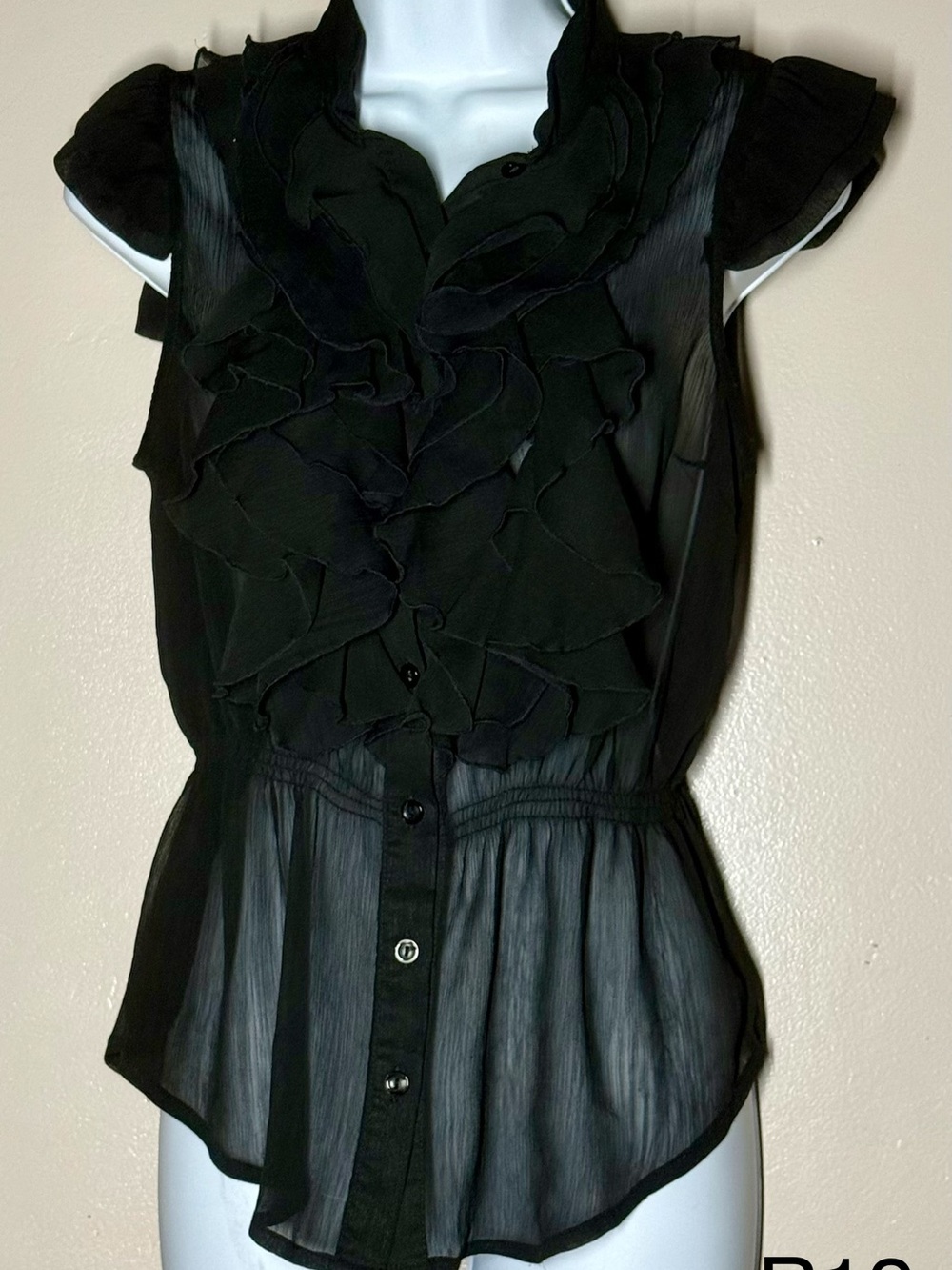 Miley Cyrus & Max Azria Black Sheer Ruffle Button-Front Blouse
